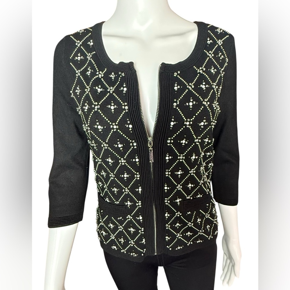 WHBM GORGEOUS Black with beading embellished cardigan 🖤 Size Small Zip Closure